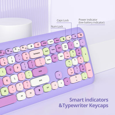 SOLIDEE Buntes kabellose Tastatur und Maus-Kombination,2.4GHz Retro Schreibmaschine Tastatur,104 Tasten in voller mit Ziffernblock,Leise membran Tastatur(Amerikanisch QWERTY)(Purple)