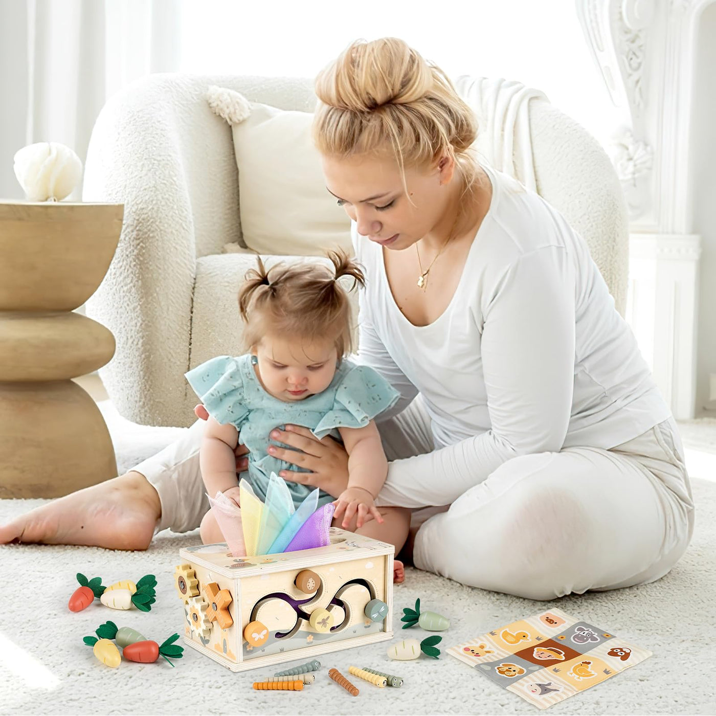 Vanplay Montessori Spielzeug Baby 12 Monate, 6 in 1 Tücherbox Baby Spielzeug ab 1 Jahr, Holzspielzeug Motorikspielzeug ab 1 2 3 Jahre Mädchen Junge, Geschenk Kind 1 Jahr