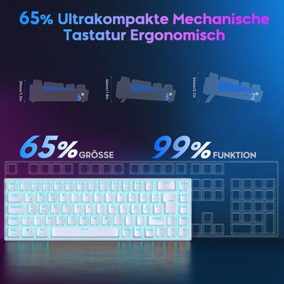TECURS Gaming-Tastatur Mechanische Hot-Swap-Fähige, Gamer Tastatur RGB mit Kabel 65% QWERTZ Deutsch Layout, Mini Gaming Keyboard mit Rote Schalter für Windows