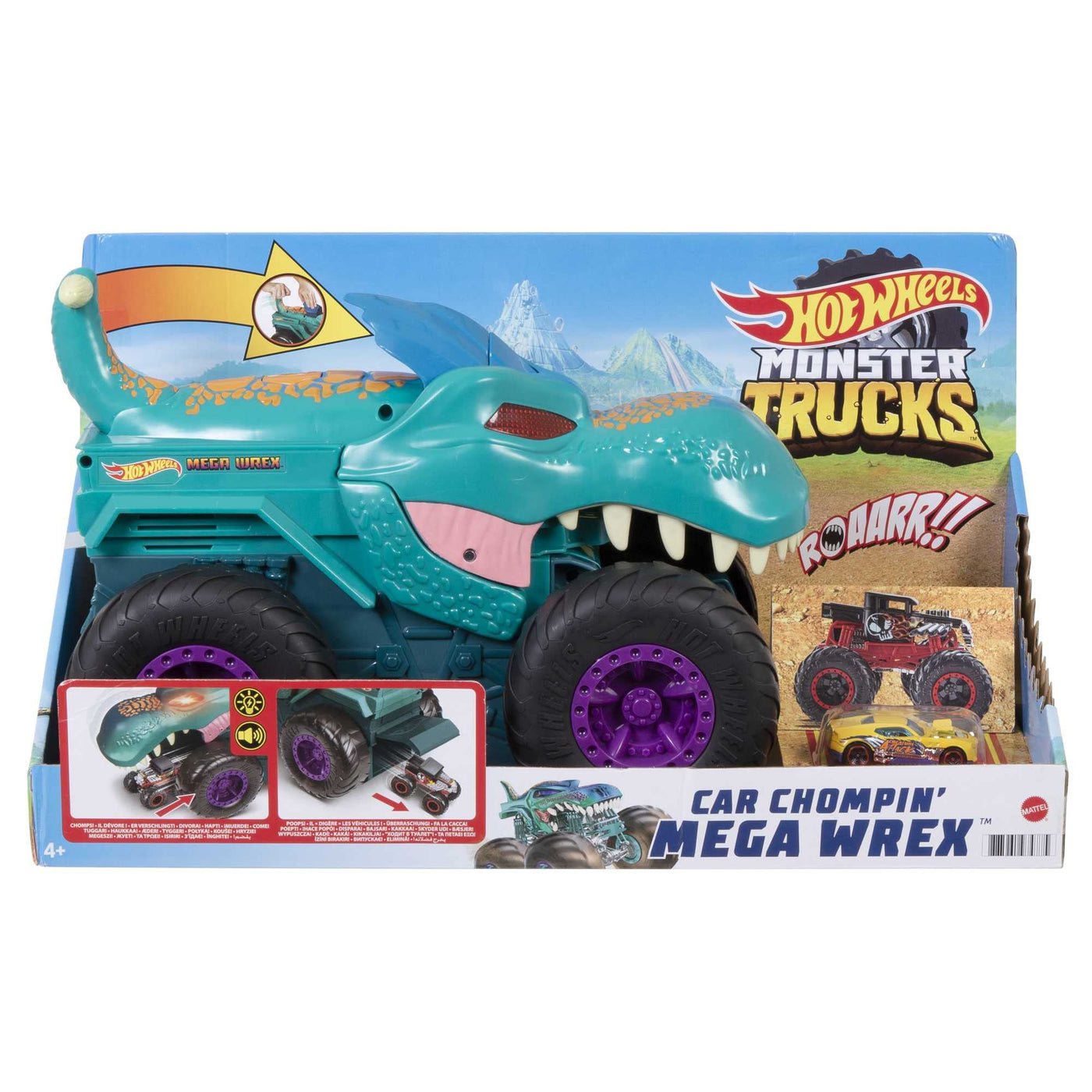 Hot Wheels Monstertruck Mega Wrex, 'frisst und verdaut' Hot Wheel Autos, mit Beleuchtung und Geräuschen, Auto Spielzeug, Spielzeug ab 4 Jahre, GYL13