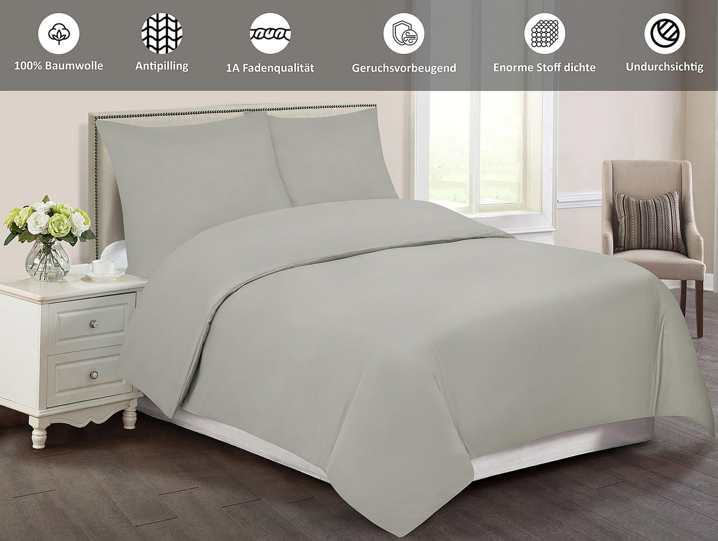Softex Royal Baumwolle Bettwäsche 135x200 cm, 2 teiliges Bettwäsche Set, 2er Set mit 1 Kissenbezug 80x80 cm, Öko-Tex Bettwäsche Hellgrau, mit YKK Reißverschluss