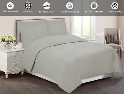 Softex Royal Baumwolle Bettwäsche 135x200 cm, 2 teiliges Bettwäsche Set, 2er Set mit 1 Kissenbezug 80x80 cm, Öko-Tex Bettwäsche Hellgrau, mit YKK Reißverschluss