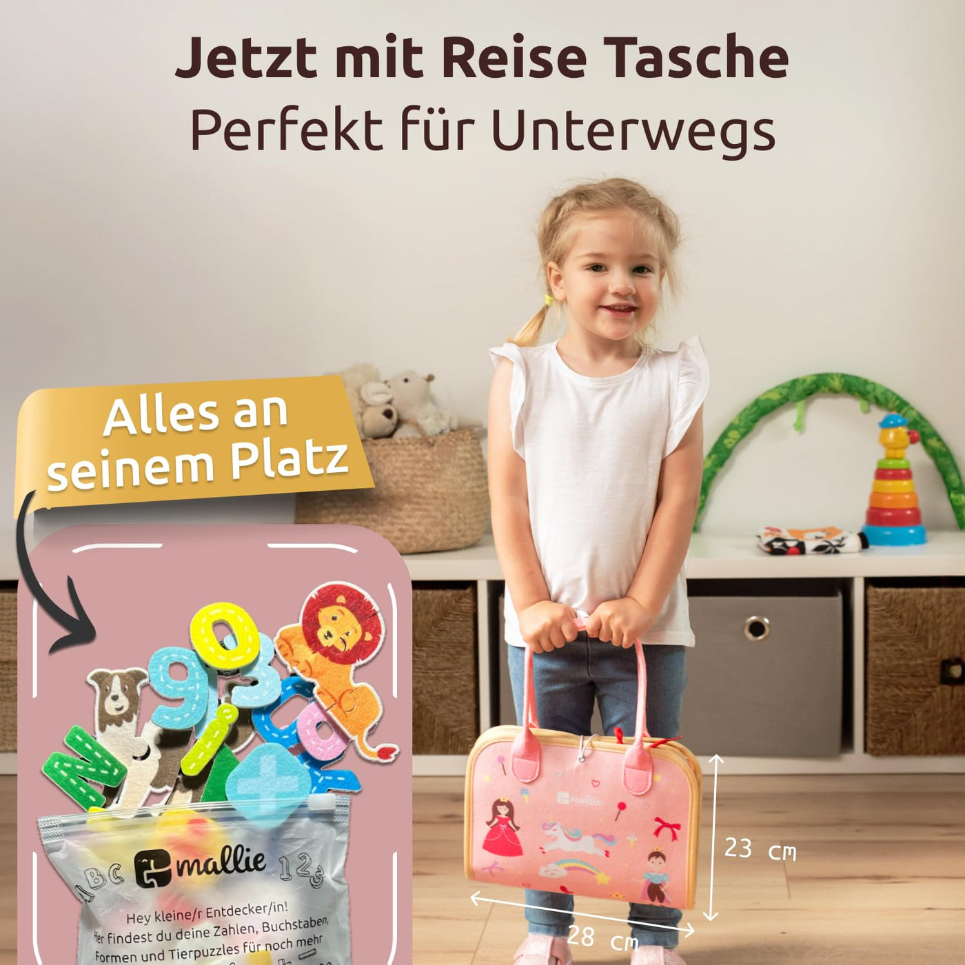 Mallie® Busy Board Deutsch inkl. Gratis Reisetasche & Montessori Buch und Perfekt für Reisen im Auto, Zug oder Flugzeug I100% BPA-Frei als Quiet Book & Busy Book I Activity Board Busy Book