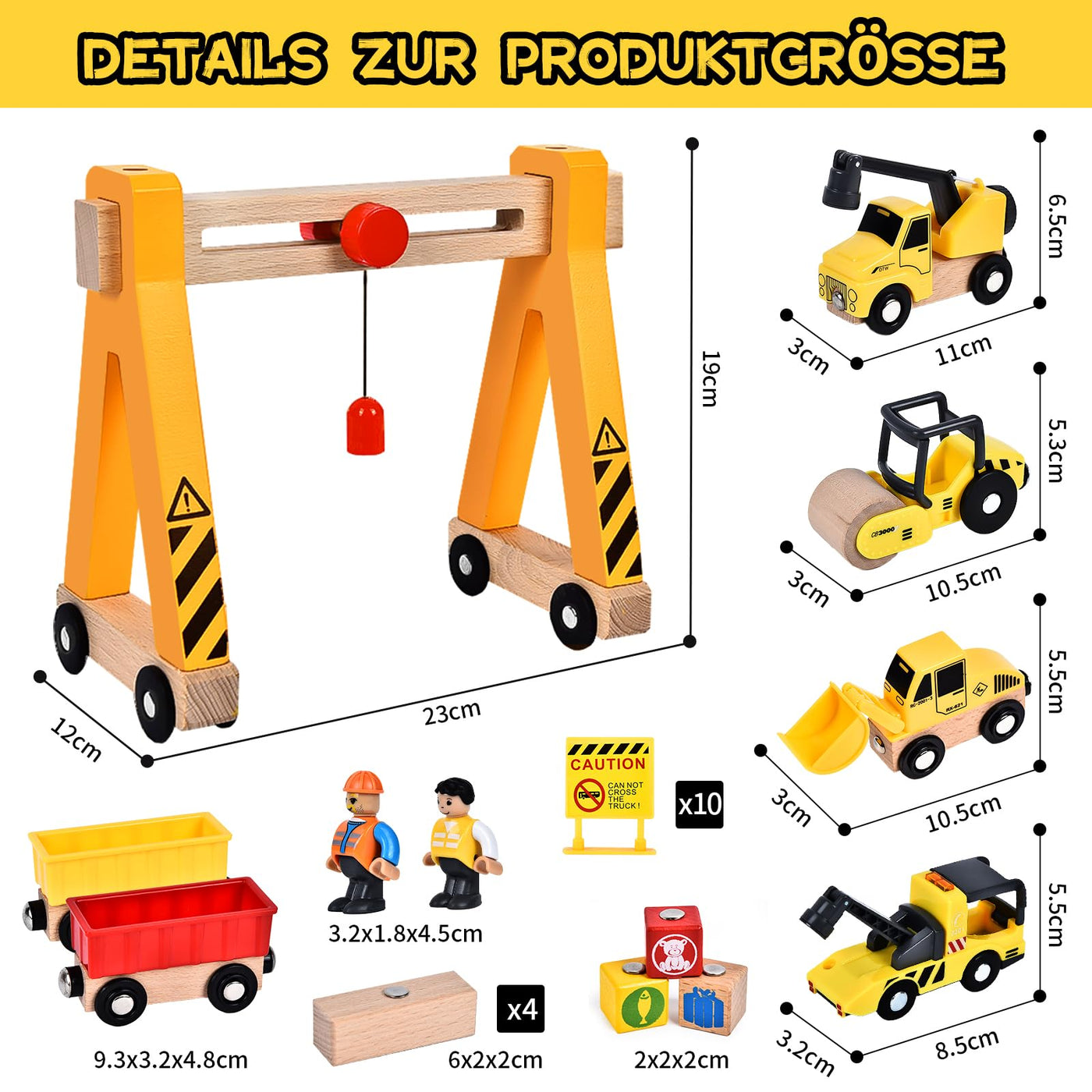 Herenear Baufahrzeuge Kinder Holzspielzeug, Baustelle Kinder, Holz Konstruktions Fahrzeuge Geschenk, Baukästen aus Holz mit Portalkran, Kranwagen, Straßenwalze, Kran, Bagger Spielzeug