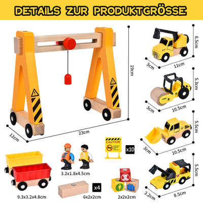 Herenear Baufahrzeuge Kinder Holzspielzeug, Baustelle Kinder, Holz Konstruktions Fahrzeuge Geschenk, Baukästen aus Holz mit Portalkran, Kranwagen, Straßenwalze, Kran, Bagger Spielzeug