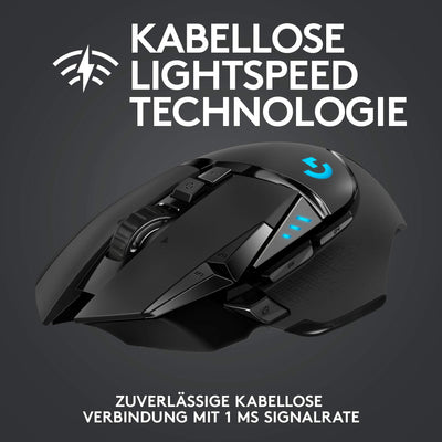 Logitech G502 LIGHTSPEED kabellose Gaming-Maus mit HERO 25K DPI Sensor, Wireless Verbindung, USB-Anschluss, RGB-Beleuchtung, Gewichtstuning, POWERPLAY-kompatibel, PC/Mac - Schwarz