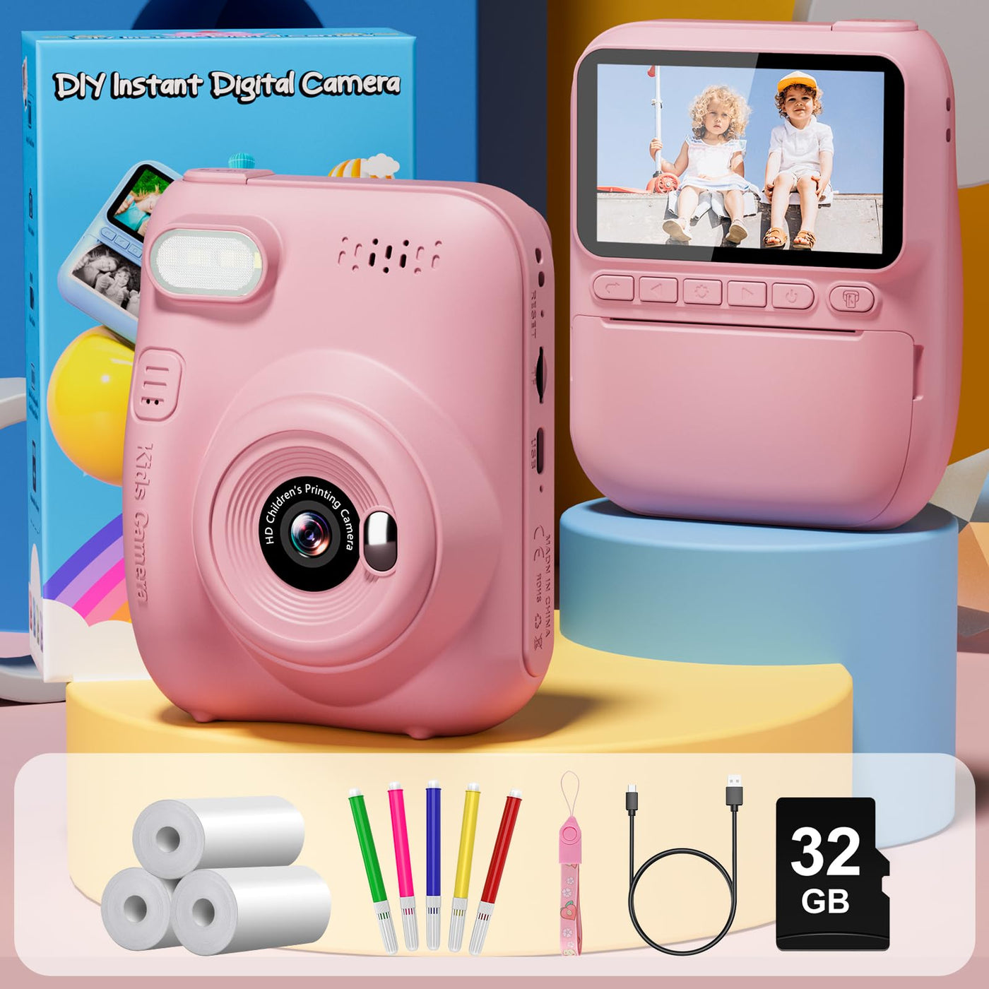 Gofunly Sofortbildkamera Kinder, 3.0 Zoll Bildschirm Kinderkamera Sofortbildkamera mit 32GB Karte & Druckpapier, 14MP/1080P Kamera Kinder Sofortdruck, Geschenk für 3-12 Jahren (Rosa)