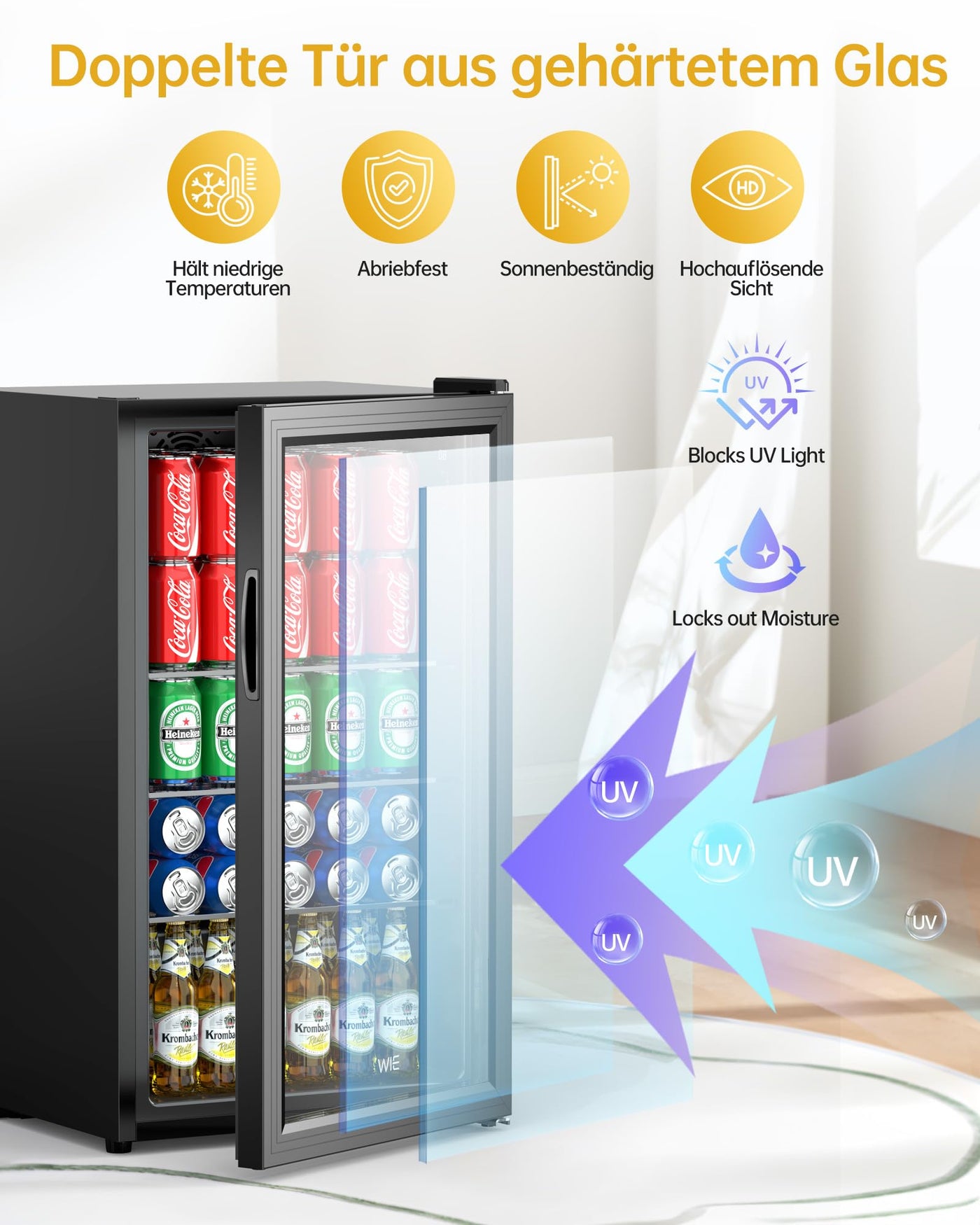WIE Getränkekühlschrank Mini Kühlschrank mit Doppelte Glastür mit Verstellbaren Ablagen Indoor Outdoor Klein Bierkühlschrank Wendetür Leise 86 Liter 120 Dosen für Soda/Bier für Zuhause/Küche/Bar/Büro