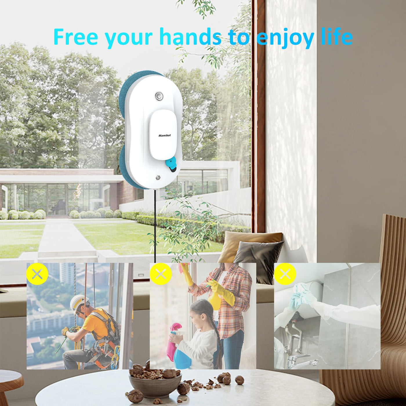 Mamibot W110-P Fensterputzroboter, automatischer intelligenter Navigations-Staubsauger Anti-Drop, mit APP und Fernbedienung, für Glas, Fliesen, 12 Stück Tücher (Weiss)