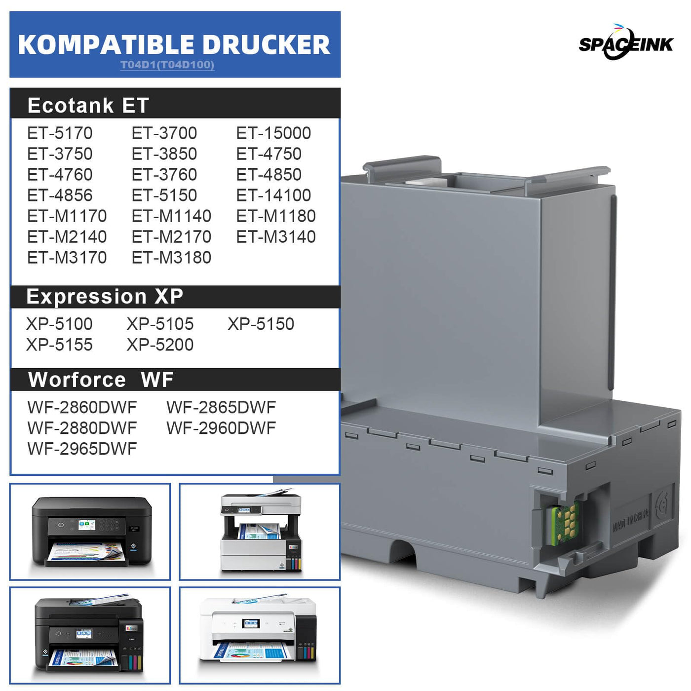 Spaceink T04D1/T04D100 Wartungsbox Kompatibel für Epson ET-15000 ET-4750 ET-3750 ET-4850 ET-3850 ET-3700 ET-4856 ET-5150 ET-5170 Drucker, Wartungskasten C13T04D100 Resttintenbehälter