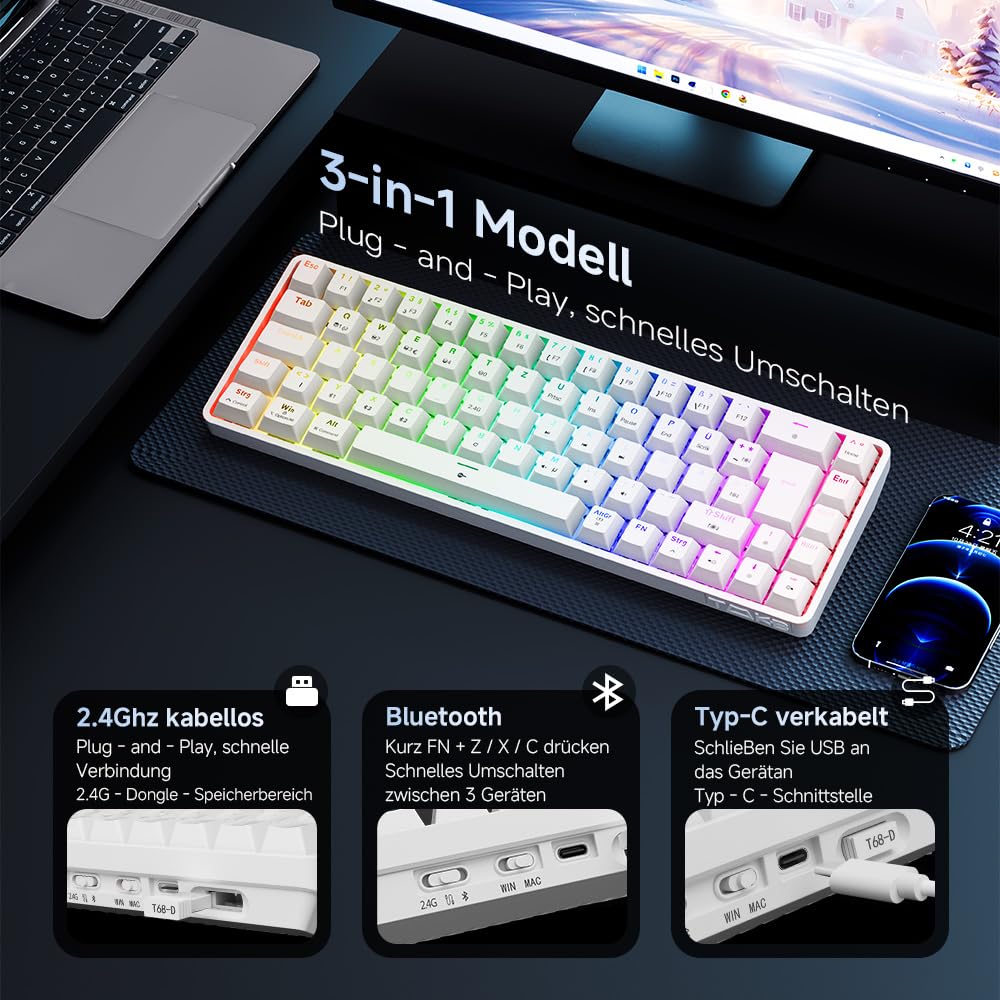 TMKB T68 Gaming Tastatur,60% Kabellos Mechanische RGB Tastatur mit Bluetooth/2.4G/Typ-C,Compact 68 Tasten Anti-Ghosting,Deutsches QWERTZ Layout,Blue Clicky Switch,weiße