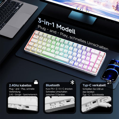 TMKB T68 Gaming Tastatur,60% Kabellos Mechanische RGB Tastatur mit Bluetooth/2.4G/Typ-C,Compact 68 Tasten Anti-Ghosting,Deutsches QWERTZ Layout,Blue Clicky Switch,weiße