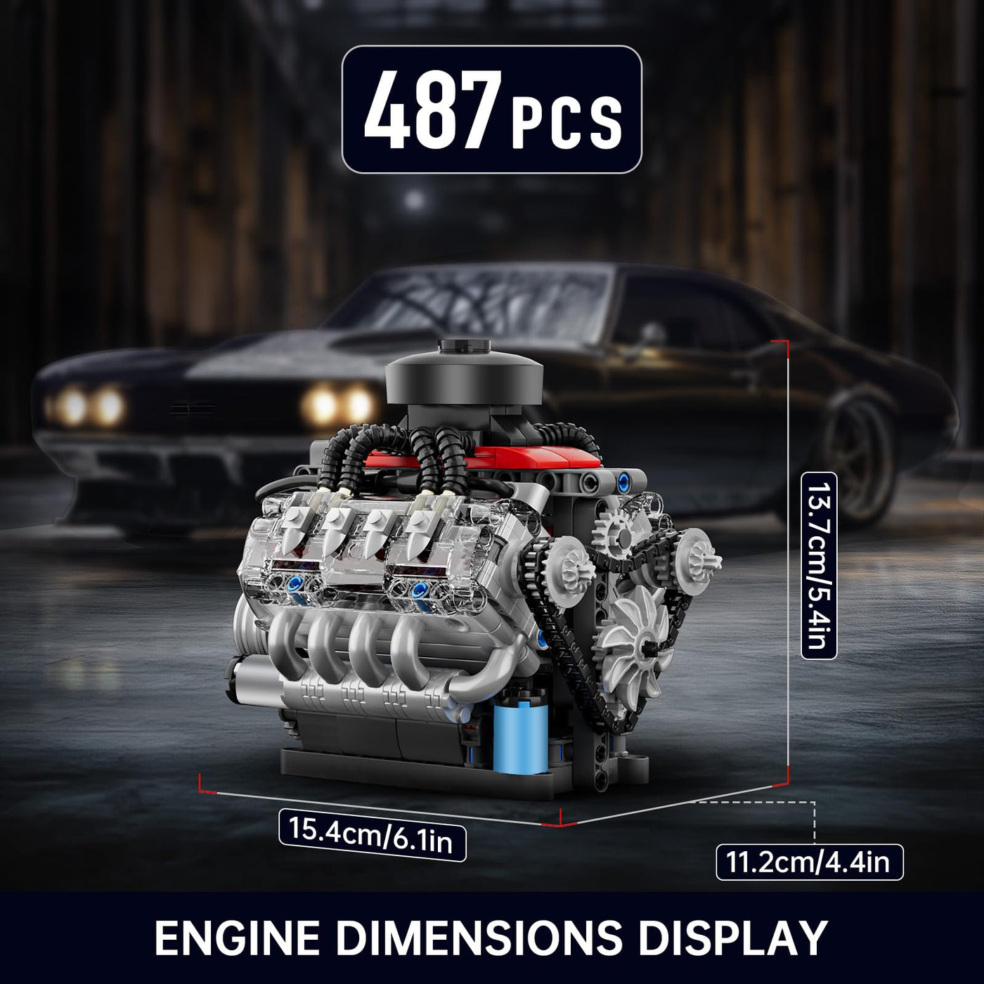 Mould King 10171 Technik V8 Motor Bausatz Bausteine Klemmbausteine Motor LSX454 V-8 Engine Kit Klemmbausteine Benzinmotor Modell für Auto LKW Fans(487 Teile)