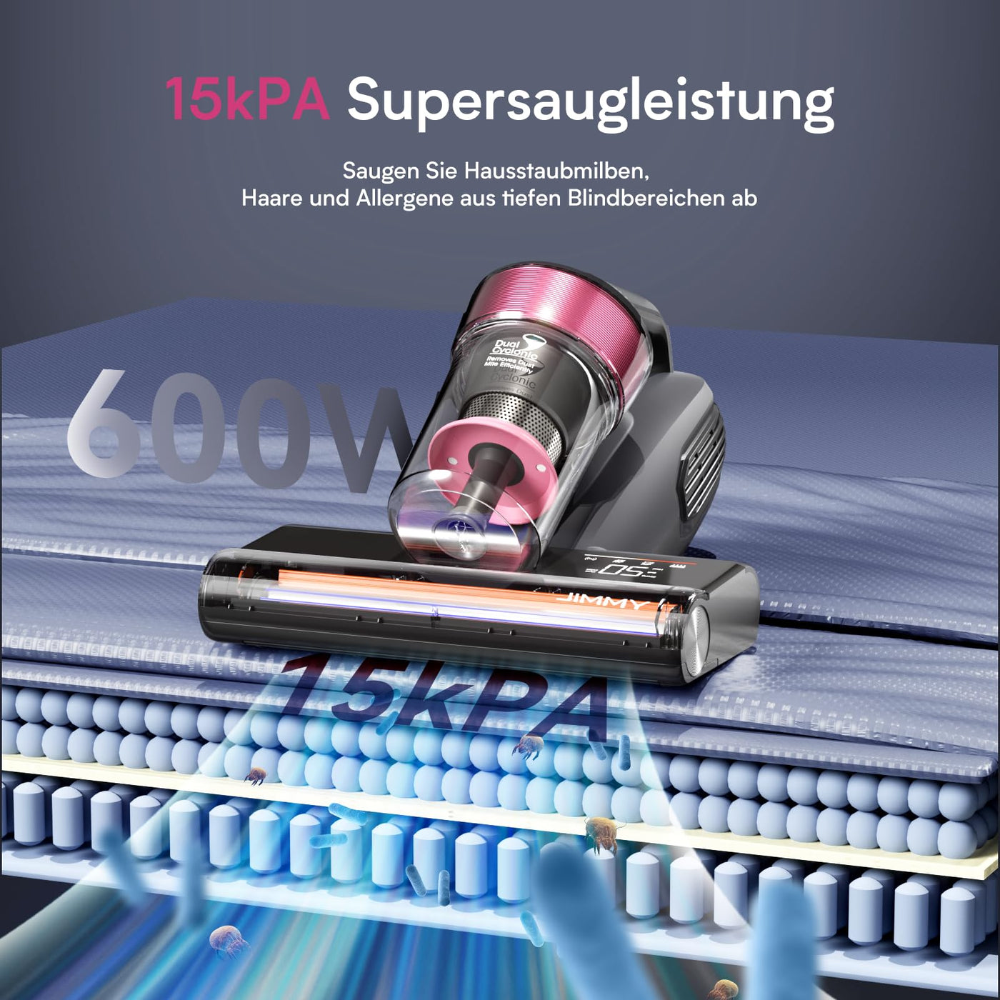 Jimmy BX8 Milbensauger 600W, Milbenstaubsauger für Matratzen mit UV-Licht, 65℃ Heißluft, Staubsensor, Negativ-Ionen-Funktion zur Luftreinigung LED-Bildschirm, Hausstaubmilben Bekämpfen Sauger