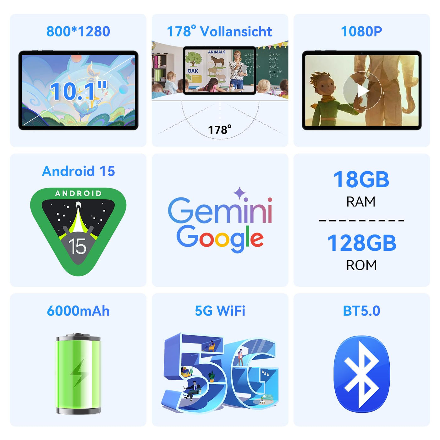 TABWEE T80 Android 15 Tablet mit Tastatur - 18GB RAM+128GB ROM (2TB TF), Tablet 10 Zoll, 6000mAh, 5MP+2MP, Gemini AI, 5G WiFi, GPS, Face ID (2 Jahre Garantie)
