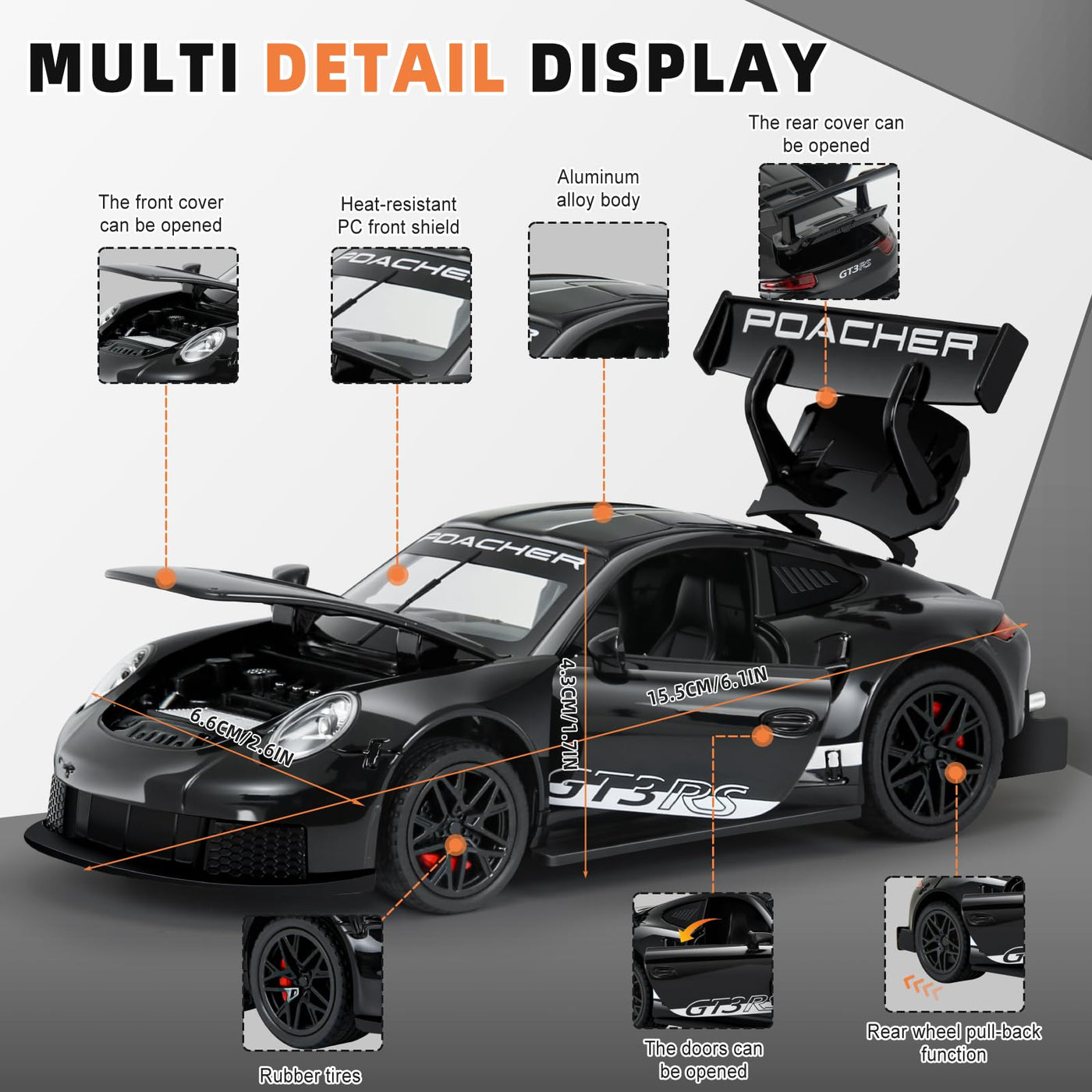 MODVKVK 911 GT3RS Modellauto 1:32, Spielzeugautos aus Druckgussmetall, Kinderspielzeugauto mit Ton und Licht mit Rückziehfunktion für Kinder ab 3 Jahren und Autosammler (Schwarz)
