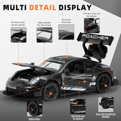 MODVKVK 911 GT3RS Modellauto 1:32, Spielzeugautos aus Druckgussmetall, Kinderspielzeugauto mit Ton und Licht mit Rückziehfunktion für Kinder ab 3 Jahren und Autosammler (Schwarz)