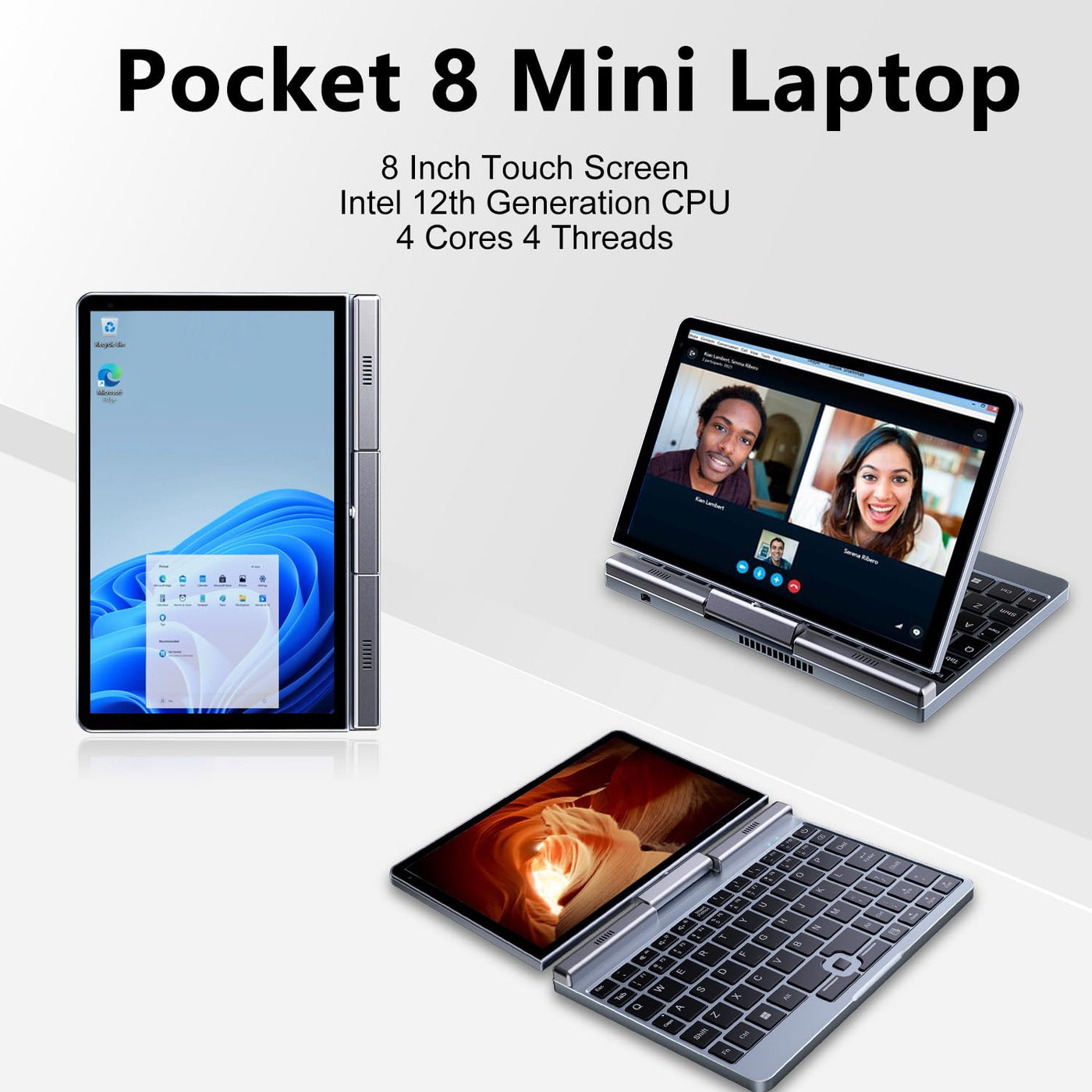 Crelander 2-in-1-Mini-Laptop | 8-Zoll-Touchscreen tragbarer kleiner Taschencomputer | Intel N100 Prozessor der 12. Generation | 12 GB DDR5 RAM 1 TB SSD | PD 30 W Aufladung | WiFi6 BT5.2 | Tastatur mit