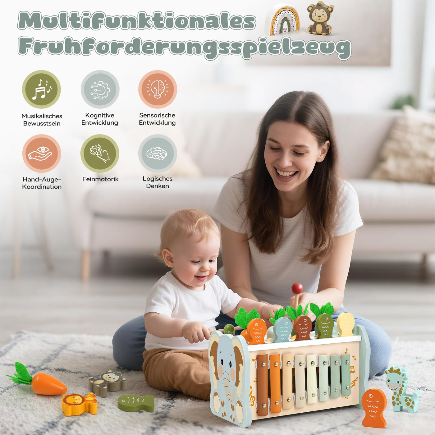 Montessori Spielzeug ab 1 Jahr, 6 in 1 Holzspielzeug ab 1 Jahr, Motorikspielzeug mit Hammerspiel Angelspiel Xylophon Rotierendes Zahnrad, Kinderspielzeug Geschenk 1 2 3 Jahre Mädchen Junge