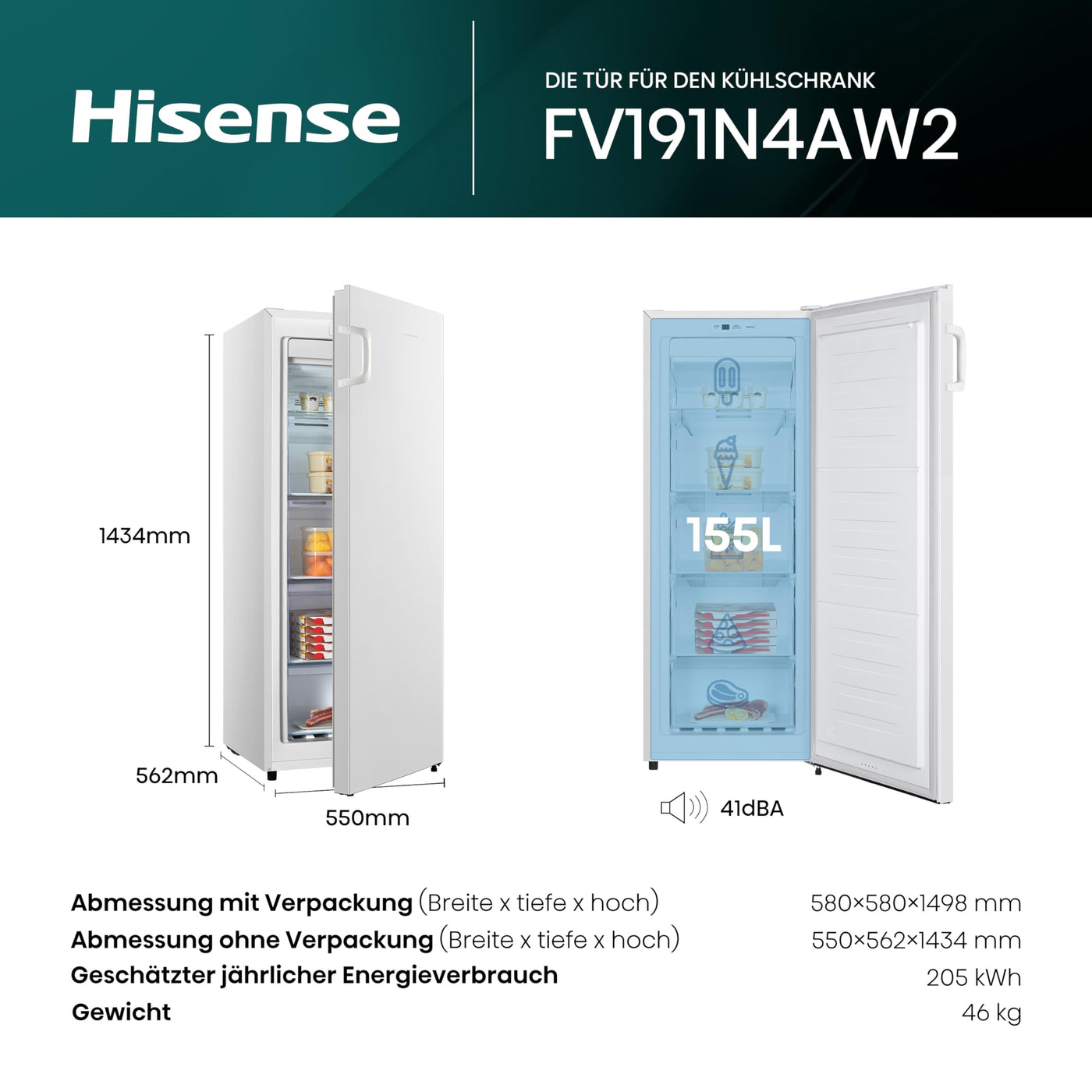 Hisense FV191N4AW2 Gefrierschrank/ TotalNoFrost/ SuperFreeze/ Türalarm/ Multiflow 360°/ BigBox/ 143,4 cm/ Gefrierteil 147 l/ 41 dB/ 205 kWh/Weiß