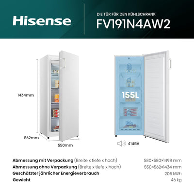 Hisense FV191N4AW2 Gefrierschrank/ TotalNoFrost/ SuperFreeze/ Türalarm/ Multiflow 360°/ BigBox/ 143,4 cm/ Gefrierteil 147 l/ 41 dB/ 205 kWh/Weiß