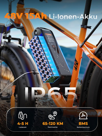 AOIHO E Bike, E-Bike Herren mit 48V 15Ah/13Ah Akku Bis 100-120KM, 26 * 4.0 Zoll Fat Tire 80NM Motor, EBike Damen LCD-Display, 7-Gang-All-Terrain E Fatbike, EMountainbike Für Stadtpendler & Wildn