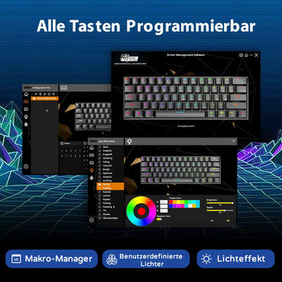 RK61 RGB Gaming-Tastatur, 2,4 GHz Wireless/Bluetooth/Wired 60% Mechanische Tastatur 61 Tasten, Hot-Swap-fähiger Brauner Schalter mit RGB-Beleuchtung Kompatibel für Win/Mac, Schwarz (QWERTZ)