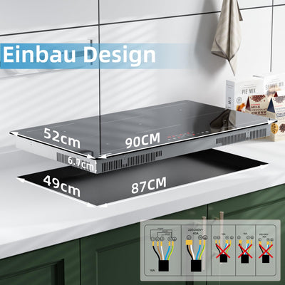 Induktionskochfeld, WEHIMO Induktionskochfeld 5 platten mit Power Booster, 5 Zonen Einbau, 9 Leistungsstufen Induktionskochplatte 90cm (8600W), 220-240V