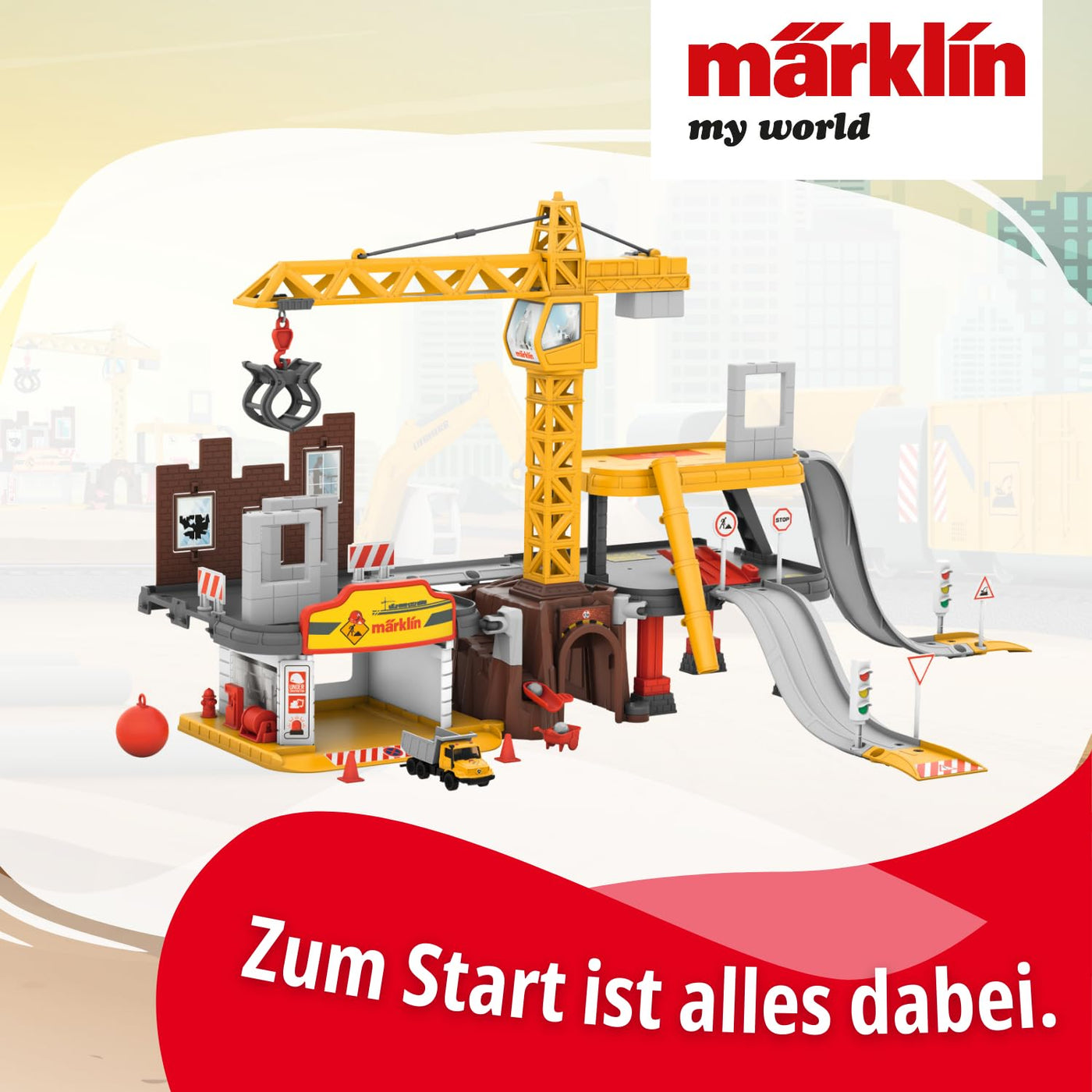Märklin My World 72222 - Baustellenstation Ergänzungsset - Vollständig ausgestattet - Funktionaler Baukran - Bewegliche Elemente - Spur H0 - Für Kinder ab 3 Jahren