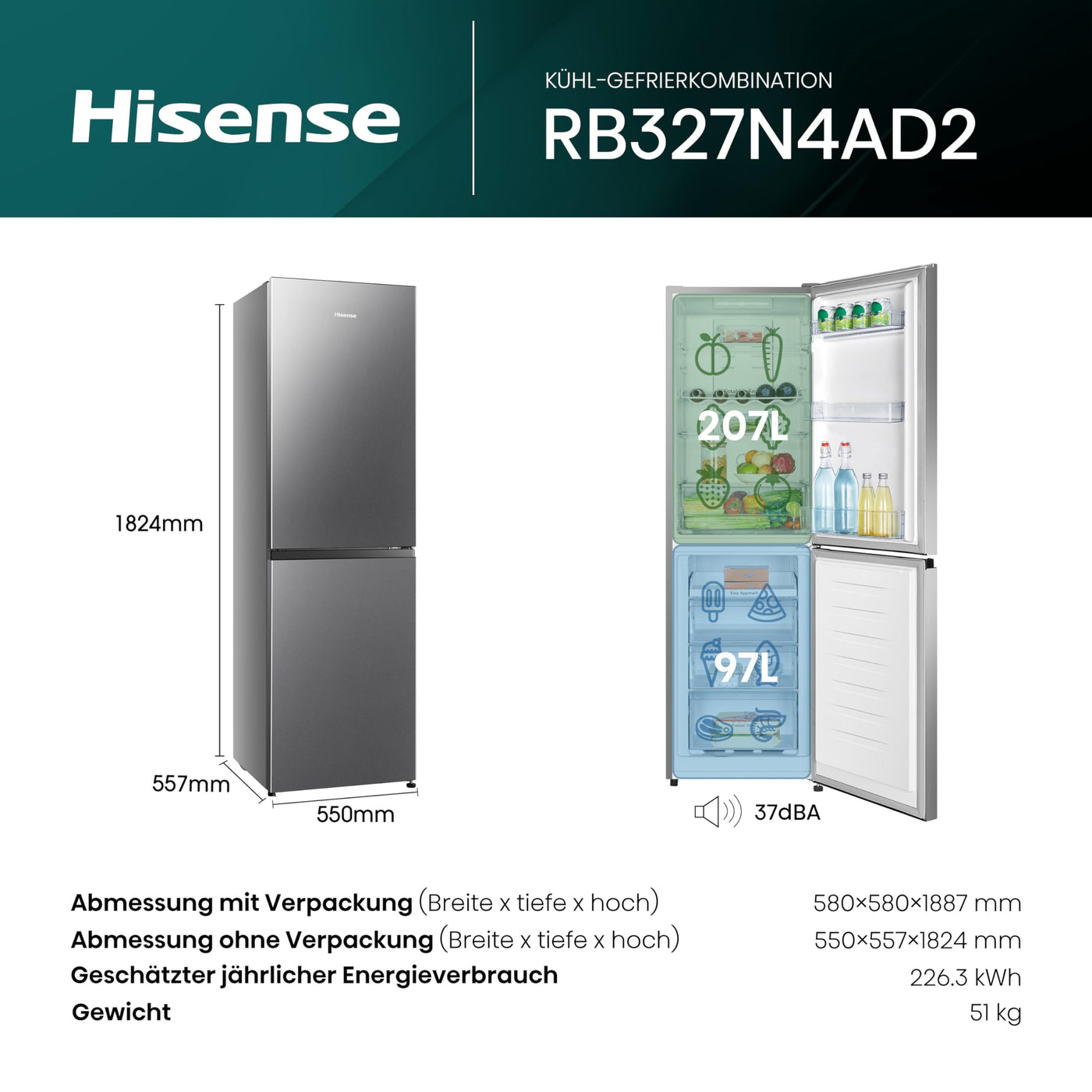 Hisense RB327N4AD2 Kühl-Gefrierkombination/ NoFrostPlus/ Multiflow 360°/ HolidayMode/ FreshZone/ 182,4 cm/ Kühlteil 171 l/ Gefrierteil 85 l/ 41 dB/ 287 kWh/ Jahr/ Edelstahl-Look