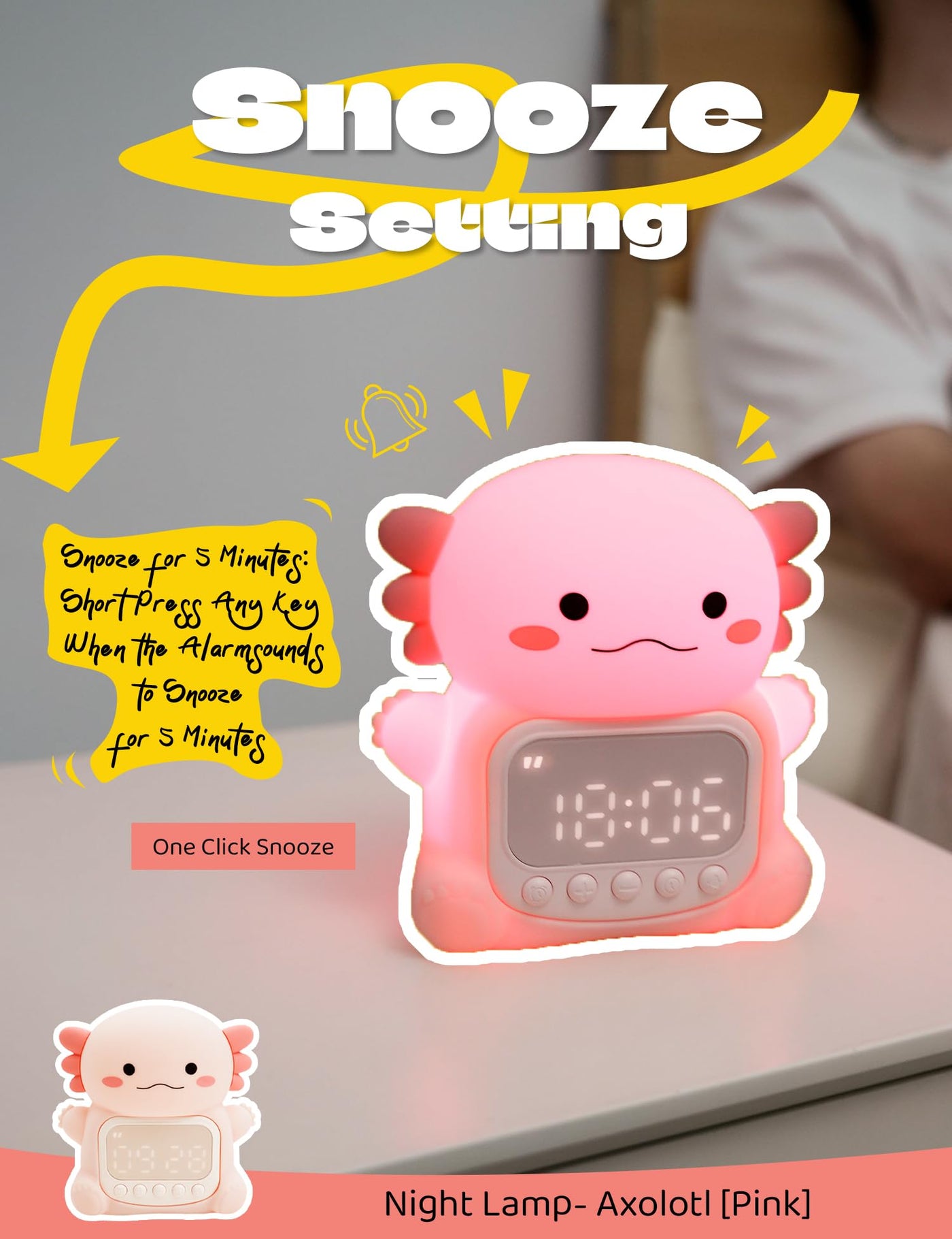 IHALO Cute Axolotl Wecker Kinder mit Nachtlicht, Kinderwecker Mädchen Nachttisch, Silikon Nachtlicht für Kinder, Wiederaufladbar, Zwei Wecker, Datum, Uhrzeit, Dekoration für Babyzimmer