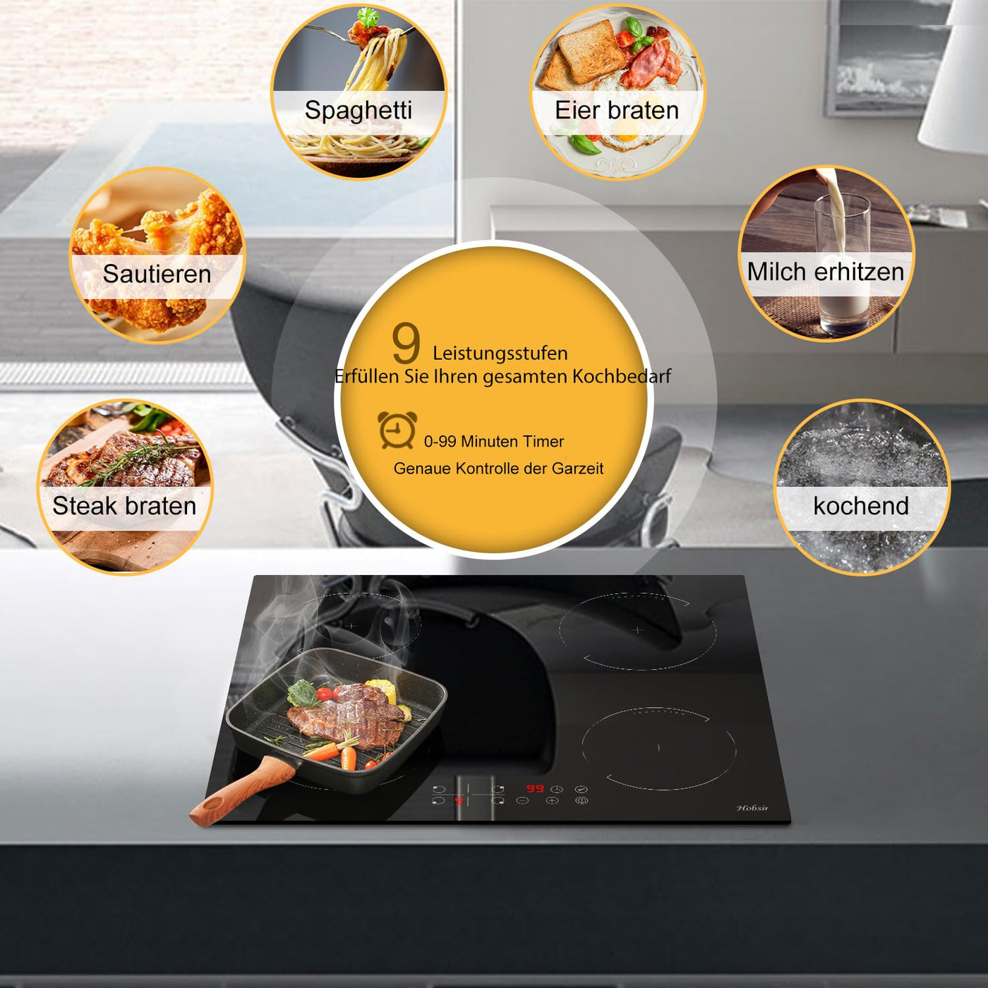 Induktionskochfeld mit Stecker 4 Zonen Einbau Kochfeld Induktion 60cm Induktionsplatte, 3500W, Touch-Bedienung, 9 Leistungsstufen, Kindersicherung, Timer