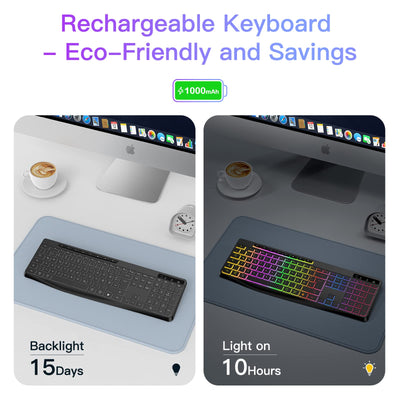 TECURS Tastatur Kabellose Gaming - Leise Tastatur QWERTZ Beleuchtet Ergonomisch Wasserdicht, 2.4Ghz Led Keyboard für Windows/Mac /PS4/ Xbox mit Multimedia-Tasten Schwarz