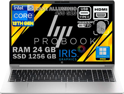 HP Probook 450 G10 Notebook, Silber, RAM 24 GB, SSD 1256 GB (256 GB + 1 TB), FullHD-Display 15,6 Zoll, Intel i5-1334U 10 Core mit 4,6 GHz, Fingerprint, Win11 Pro, Open OFFICE, Maus bereit