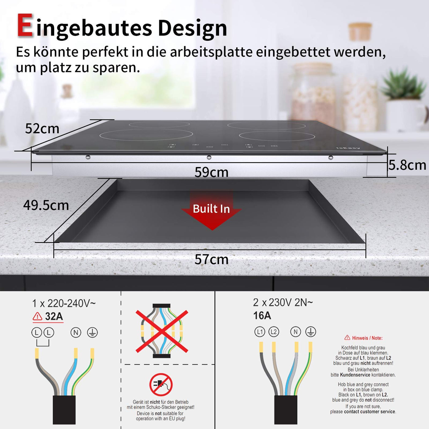 IsEasy Glaskeramikkochfeld, 6000W 59cm, 4 Kochzonen Kochfelder, Verdrahtung, Einbau Elektro Autark Rahmenlos, 9 Heizstufen, Passend für die Meisten Töpfe