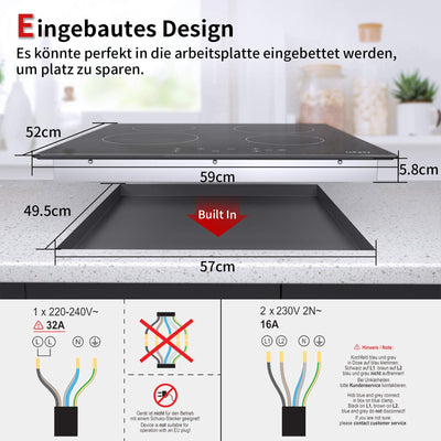 IsEasy Glaskeramikkochfeld, 6000W 59cm, 4 Kochzonen Kochfelder, Verdrahtung, Einbau Elektro Autark Rahmenlos, 9 Heizstufen, Passend für die Meisten Töpfe