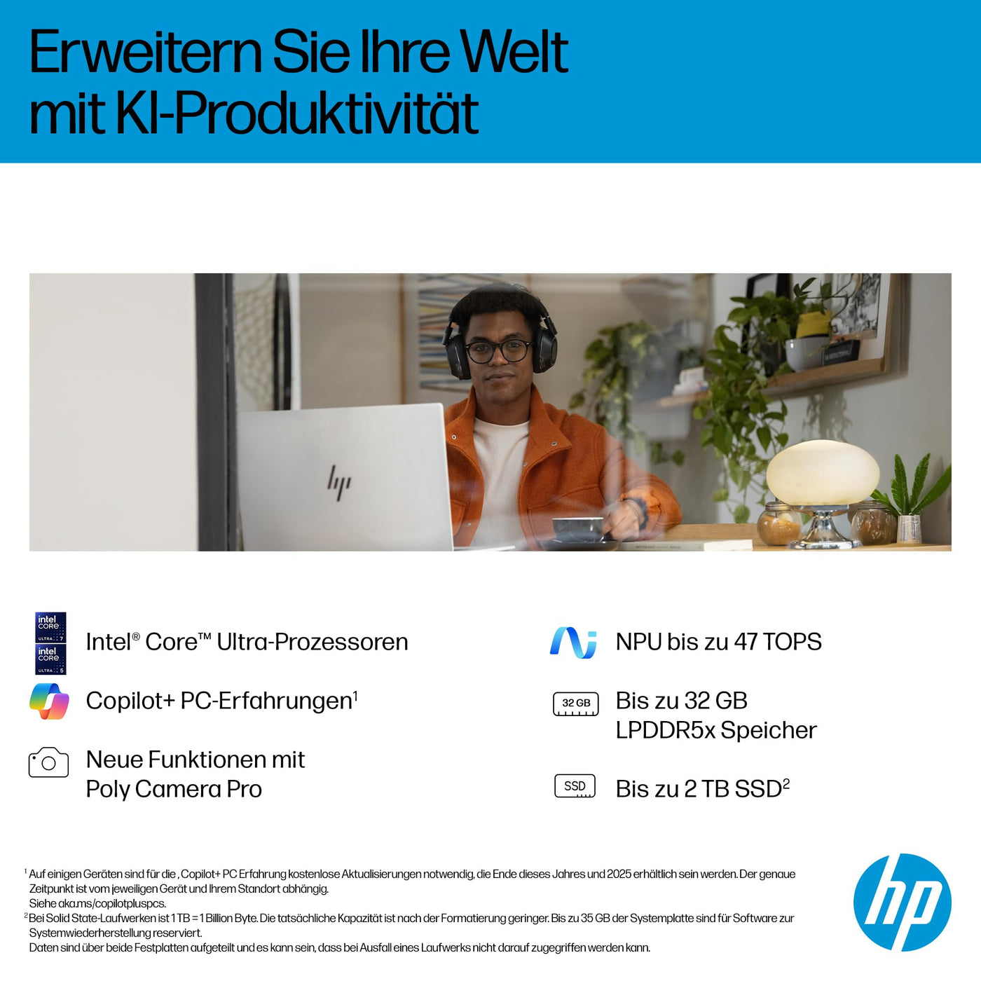 HP OmniBook 7 Next Gen AI PC, Copilot+ PC, 17.3 Zoll FHD Touch Display, Intel Core Ultra 7 258V (47 Tops), 32GB LPDDR5x RAM, 1TB PCIe Gen4 SSD, Intel Arc 140 V GPU, QWERTZ, Windows 11, Silber
