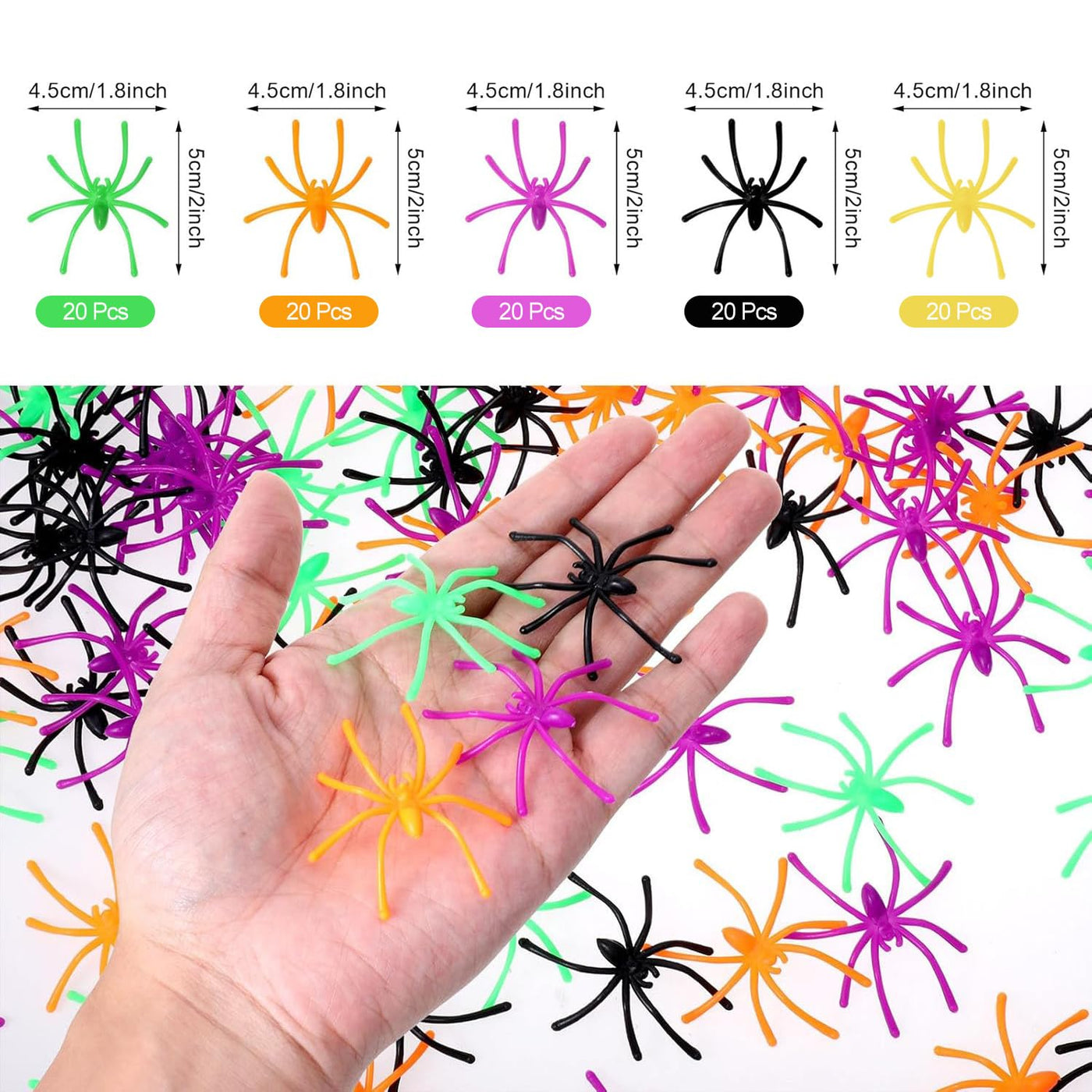 100 Stück Halloween Spinnen Deko - Halloween realistische Spinnen mit 5 Farben, Kunststoff kleine gefälschte Spinne Spielzeug Terror lustige Prank Requisiten für Halloween Party Dekorationen