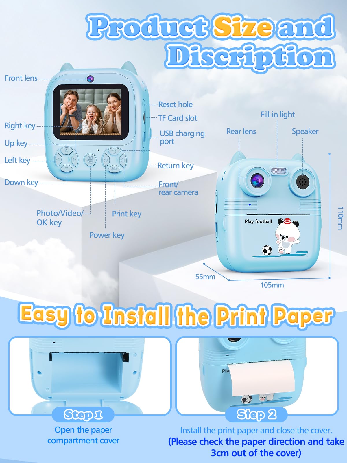 Sofortbildkamera Kinder, 1080FHD 48MP Dual-Kameraobjektive Kinderkamera, mit 4 Druckpapier 2,4 Zoll Augenschutz Bildschirm 32GB Karte Digitalkamera Geschenke für Jungen & Mädchen von 3-12 Jahren