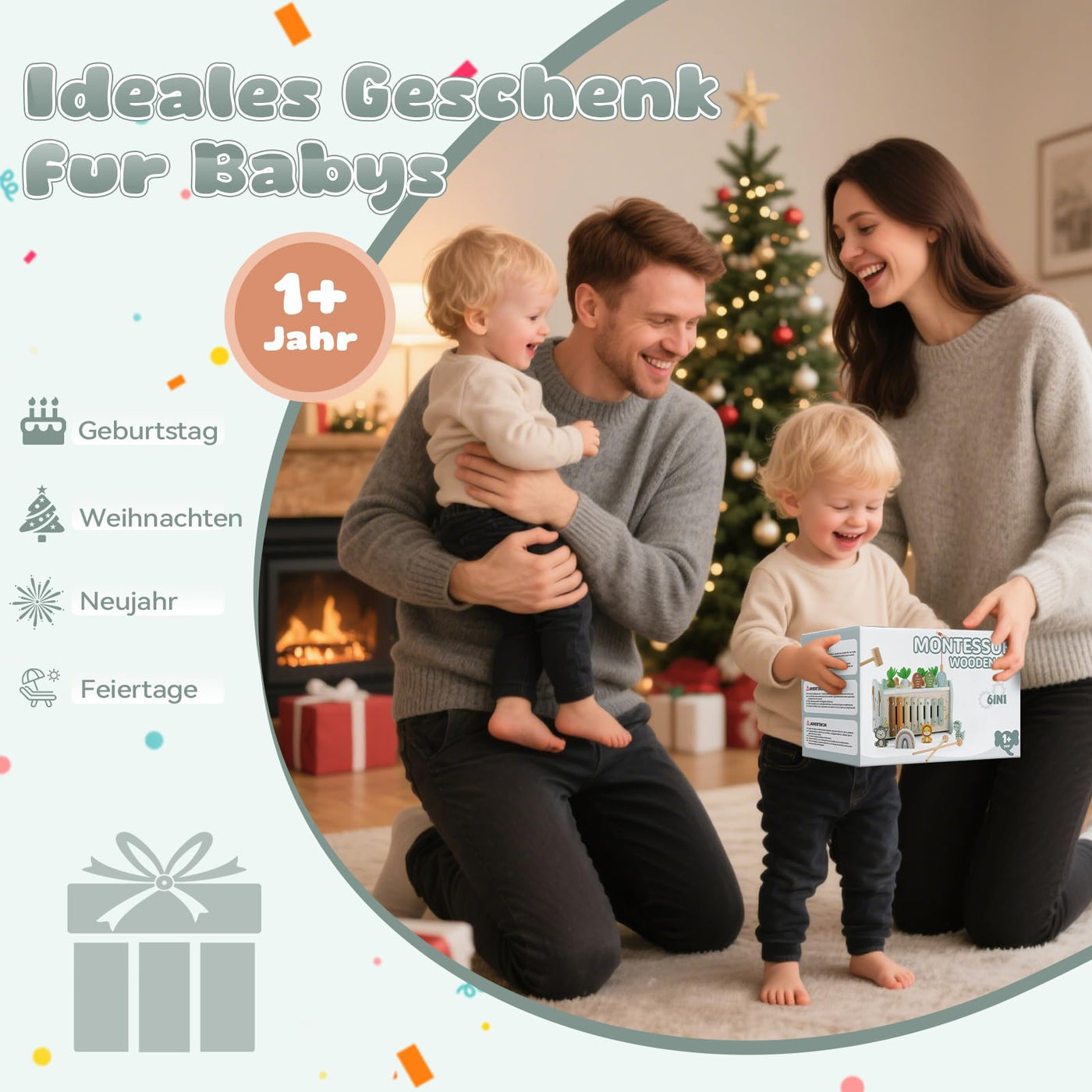 Montessori Spielzeug ab 1 Jahr, 6 in 1 Holzspielzeug ab 1 Jahr, Motorikspielzeug mit Hammerspiel Angelspiel Xylophon Rotierendes Zahnrad, Kinderspielzeug Geschenk 1 2 3 Jahre Mädchen Junge