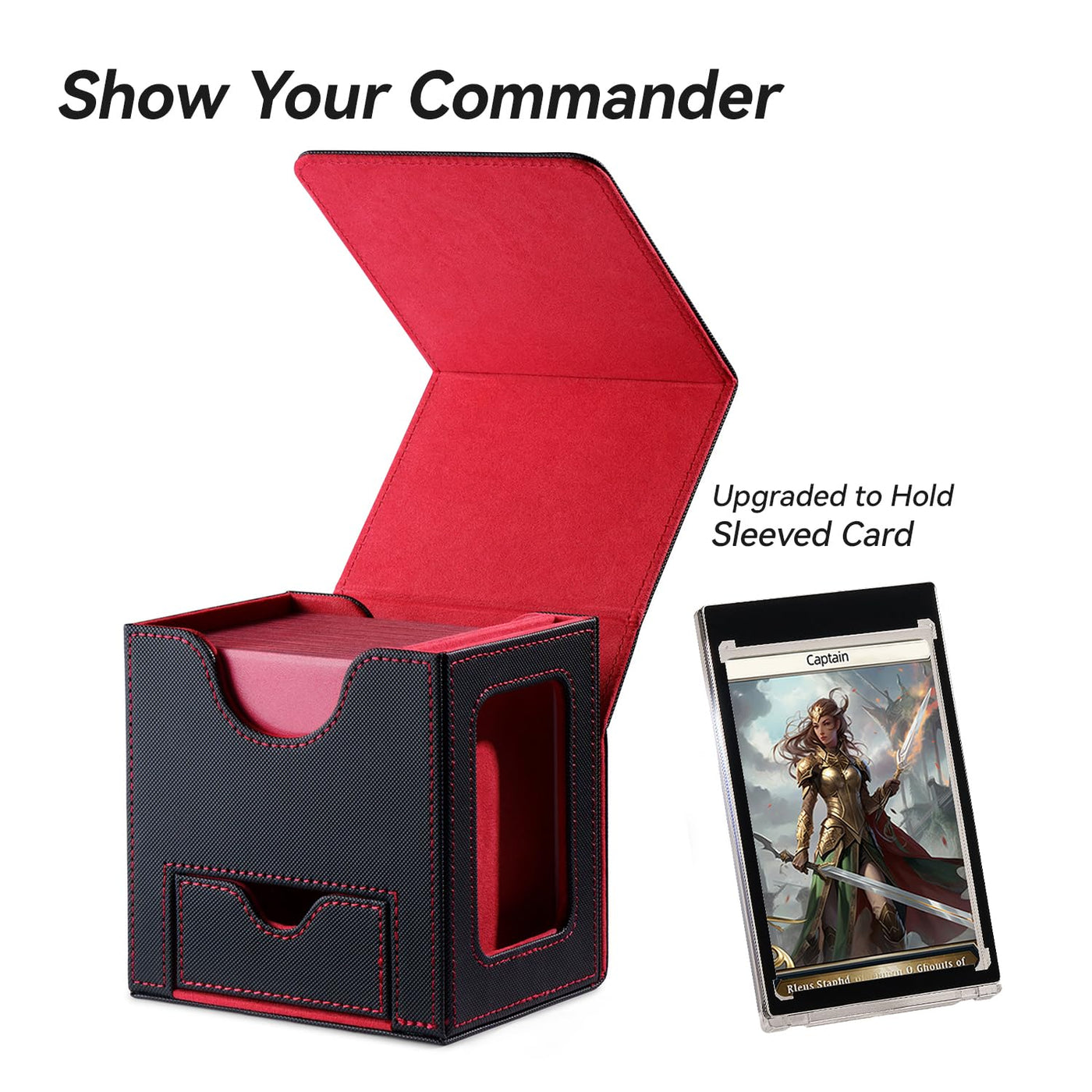 Mage Tech Commander Deckbox für MTG - Patentiertes Design, Commander Display, passt für 100 doppelt eingehüllte Karten, 35pt Magnetkartenhalter & Würfelschale - Schwarz/Rot