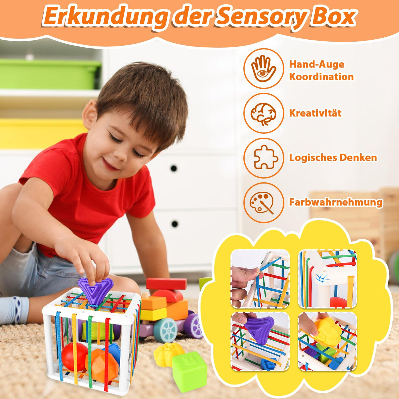 Herenear 6 in 1 Montessori Spielzeug Baby, Spielzeug Baby ab 6 Monate, Motorikspielzeug, Stapelspiel Bausteine, Tissue Box, Montessori Spielzeug ab 1 Jahr, Geschenk für Junge Mädchen