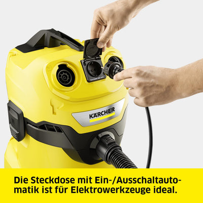 Kärcher WD 4 P V-20/5/22 Nass-& Trockensauger, Kunststoffbehälter, Gelb 5 m Kabel, 2,2 m Saugschlauch, mit Gerätesteckdose, Clips-Bodendüse, „Pull & Push“-Verschlusssystem, Gelb