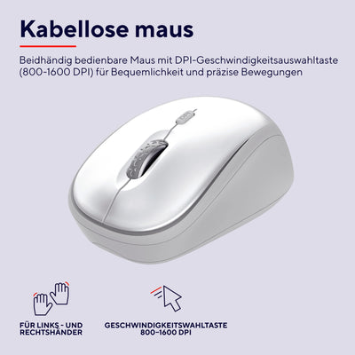 Trust ODY II Leise Tastatur Maus Set Kabellos Deutsches QWERTZ Layout, Flachen Tasten, Beidhändig Funkmaus 800-1600 DPI, Spritzwassergeschützt, EIN USB-Empfänger, für PC Computer Laptop Mac, Weiß