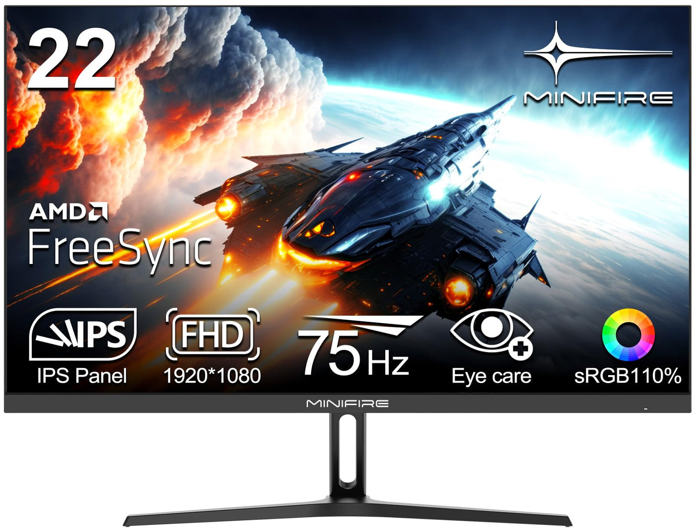 Minifire 22 Zoll Business Computer Monitor, Desktop Gaming Monitor, IPS, FHD 1080p,75 Hz, Adaptive-Sync, Eye Comfort, sRGB 110%, Ultra Thin Aperture, Tilt, VESA, HDMI, VGA, PC Bildschirm-Schwarz