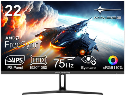 Minifire 22 Zoll Business Computer Monitor, Desktop Gaming Monitor, IPS, FHD 1080p,75 Hz, Adaptive-Sync, Eye Comfort, sRGB 110%, Ultra Thin Aperture, Tilt, VESA, HDMI, VGA, PC Bildschirm-Schwarz