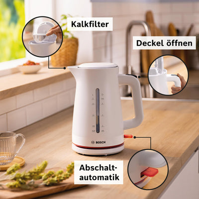 Bosch kabelloser Wasserkocher MyMoment TWK3M121, Abschaltautomatik, Überhitzungsschutz, Tassenanzeige, beidseitige Wasserstandsanzeige, entnehmbarer Kalkfilter, 1,7 L, 2400 W, Weiß matt