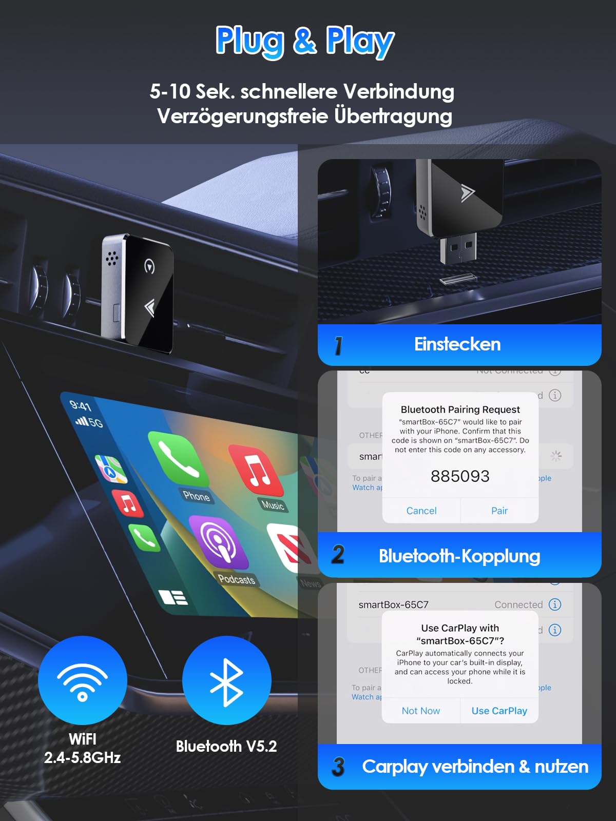 Wireless Adapter 2-in-1 für CarPlay/Android Auto, PARPAT Umwandlung von Kabelgebunden zu Kabellos mit USB/Type-C, Stabile Verbindung und Keine Verzögerung, Kompatibel mit iPhone/Android