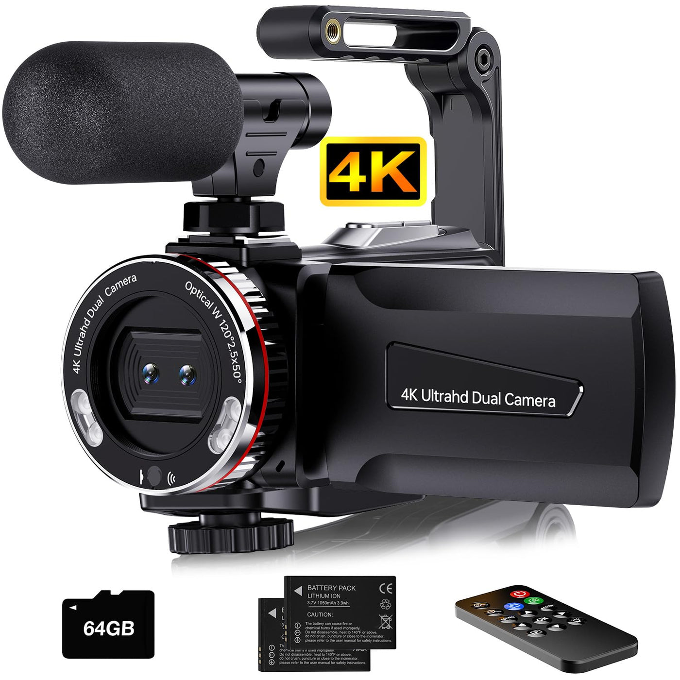 Videokamera 4K 64MP Camcorder Vlogging Kamera für YouTube,21X Digital Zoom, 3" 270° Drehbarer Screen Video Vlogging Dual Camera mit 64GB Karte, Mikrofon, Stabilisator, Fernbedienung,2 Batterien