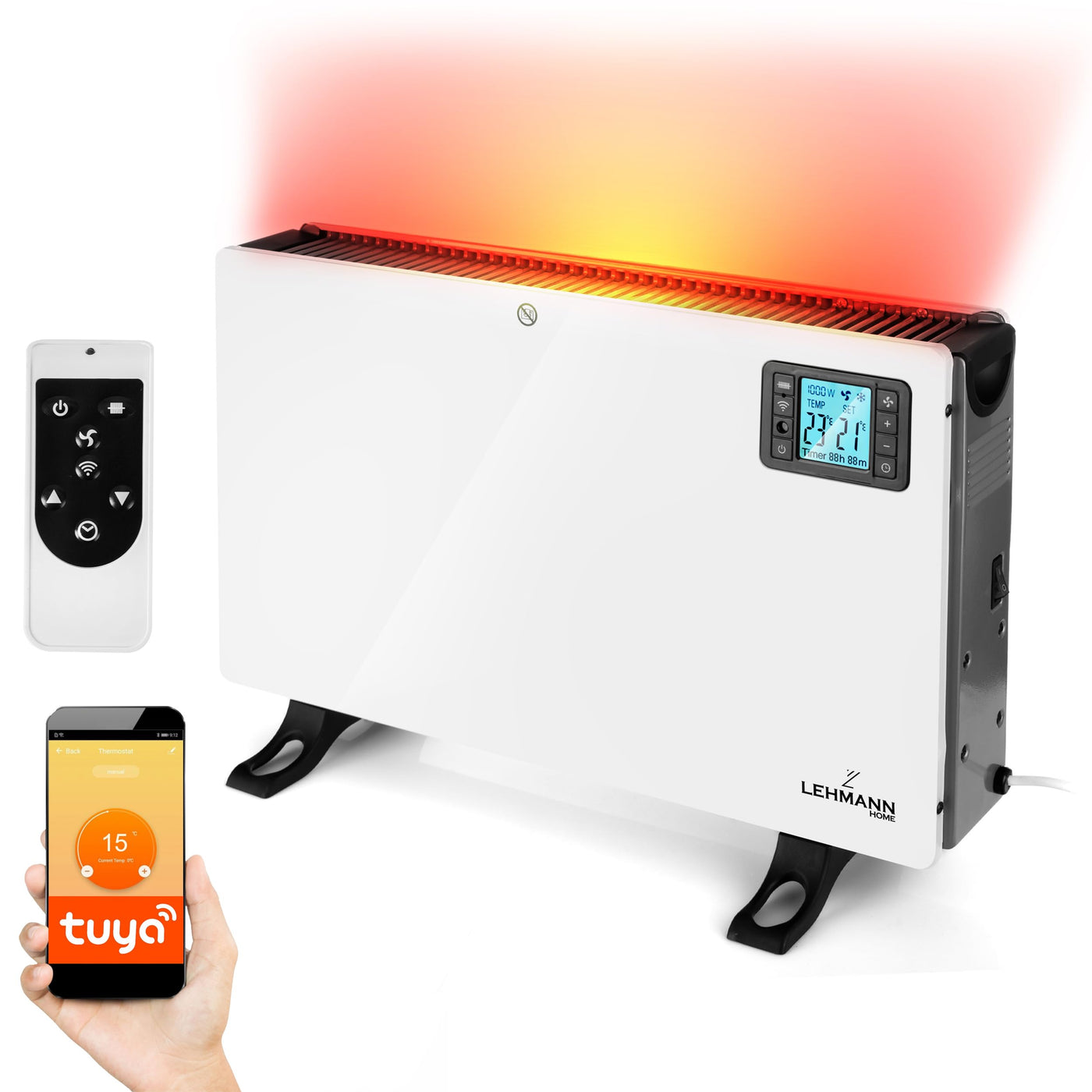 LEHMANN LHOHC-2013C Konvektor Heizung Heizkörper 2000 W | Elektroheizung mit 3 Heizstufen 750/1250 / 2000 W | Elektro Konvektorheizung mit LED-Anzeige, APP WiFi, Timer und Fernsteuerung